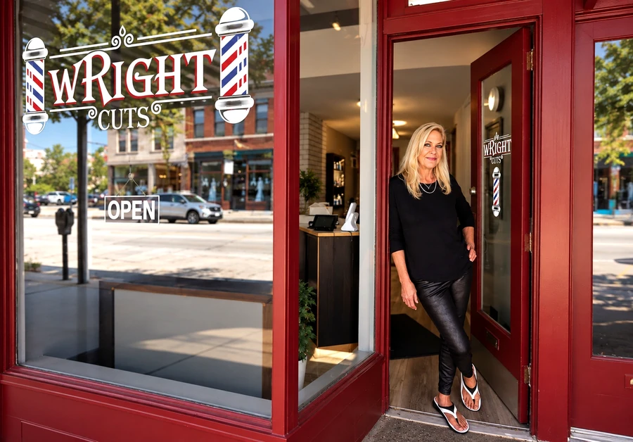 Wright Cuts storefront with Nancy at the door